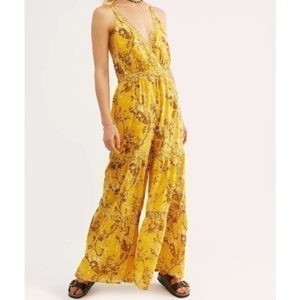 Free People Yellow Floral Wide-Leg Jumpsuit